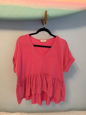 Jolie Hot Pink V-Neck Ruffle-Hem Knit Top